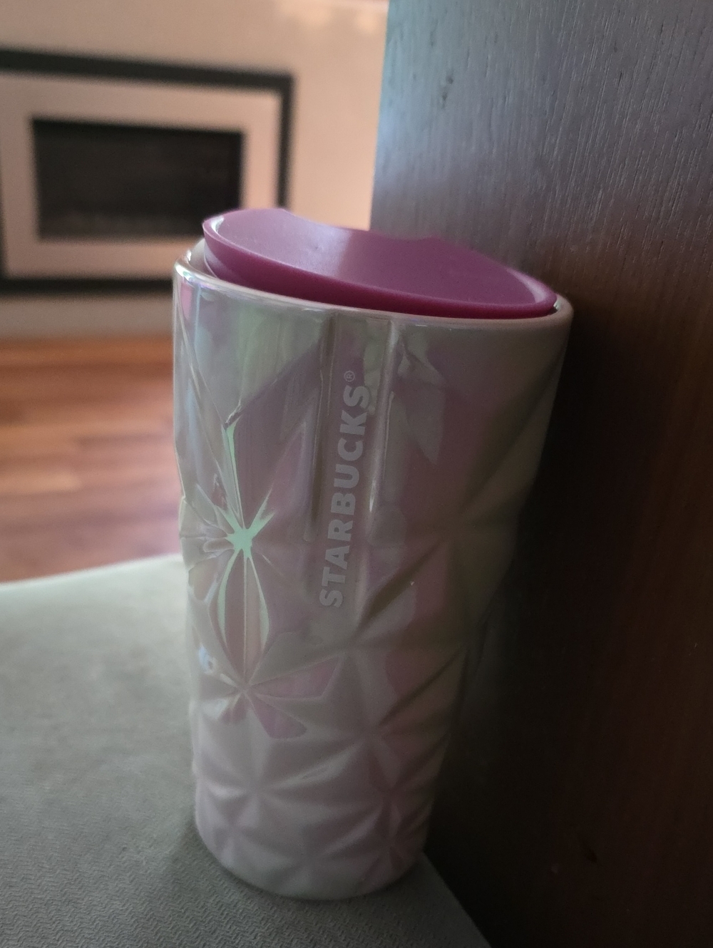 Starbucks Iridescent White Ceramic Travel Mug with Pink Lid